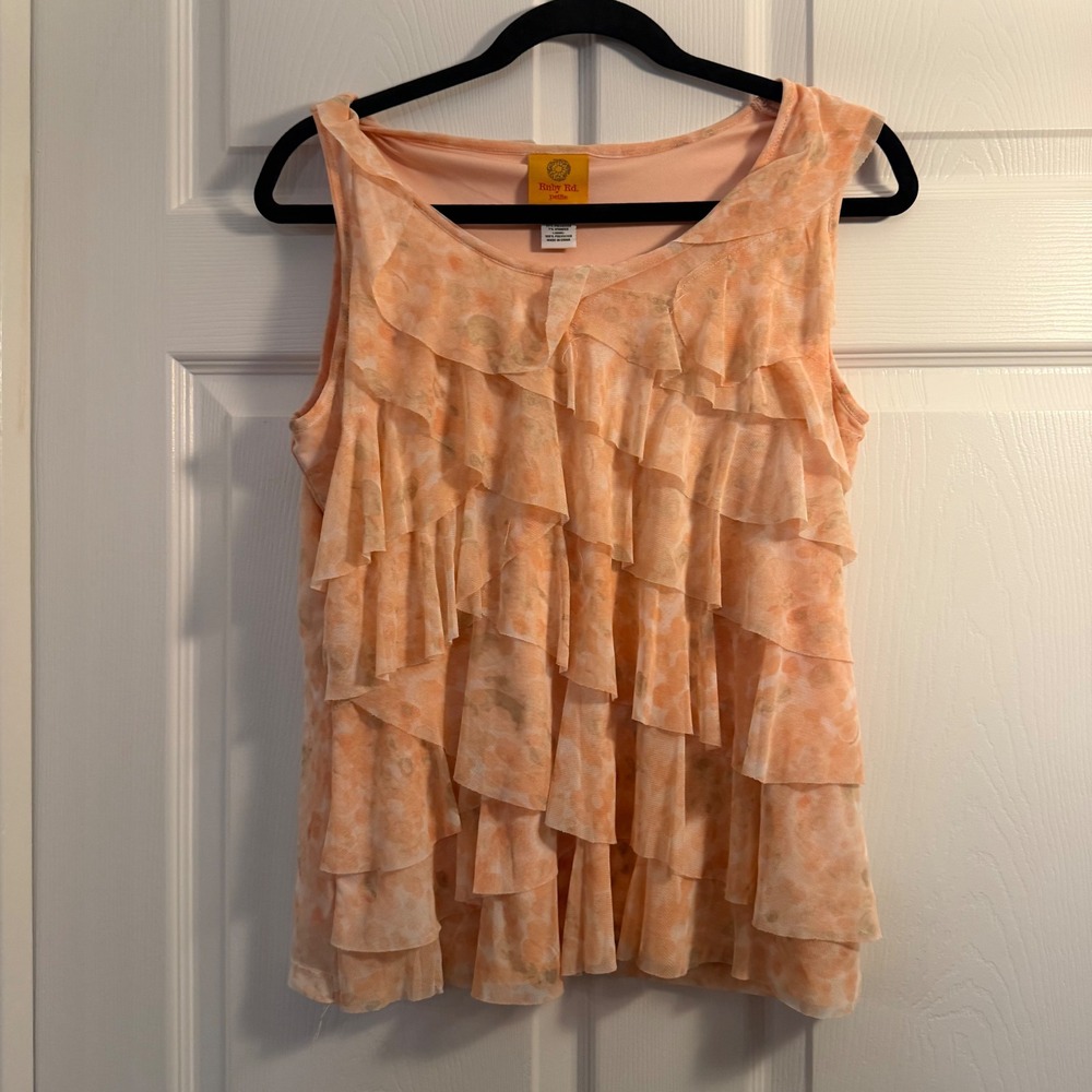 Ruby Rd Tank Top Peach PM Tiered Ruffle‎ Floral Boho Casual Summer